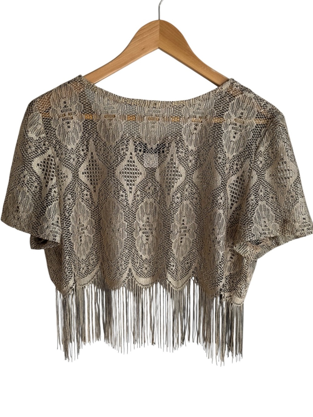 Boho Festival Open Knit Fringe Crochet Poncho Top L/XL Cropped Sheer Cover Up